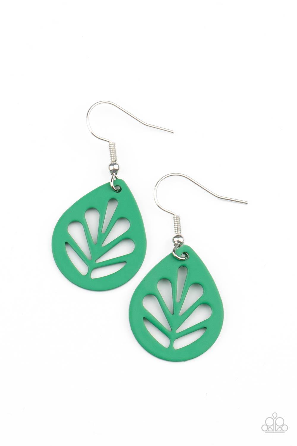 Paparazzi Accessories LEAF Yourself Wide Open - Green A dainty Mint Green leaf frame is stenciled in airy cutouts for a whimsical seasonal fashion. Earring attaches to a standard fishhook fitting. Sold as one pair of earrings. Jewelry