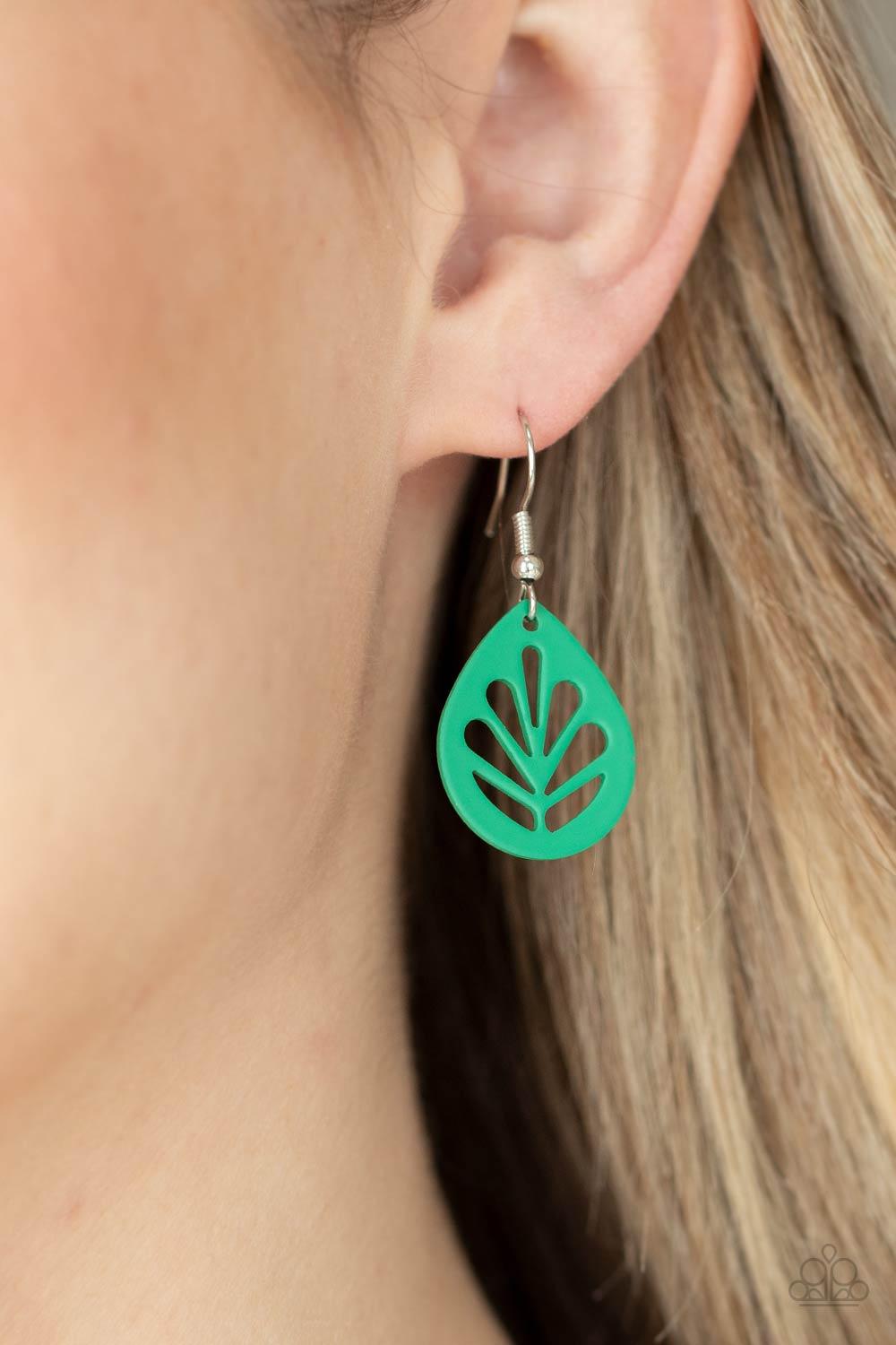 Paparazzi Accessories LEAF Yourself Wide Open - Green A dainty Mint Green leaf frame is stenciled in airy cutouts for a whimsical seasonal fashion. Earring attaches to a standard fishhook fitting. Sold as one pair of earrings. Jewelry