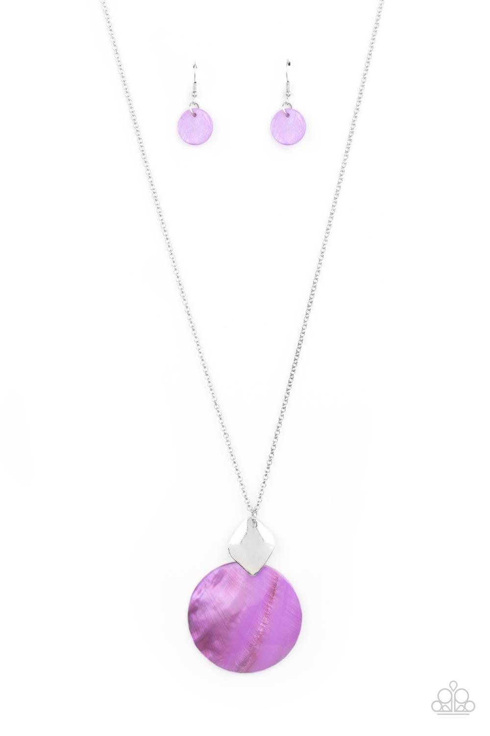 Paparazzi Accessories Tidal Tease - Purple Featuring a glistening iridescence, a Lavender shell-like disc attaches to a shiny silver frame at the bottom of a lengthened silver chain, creating a summery pendant. Features an adjustable clasp closure. Sold a