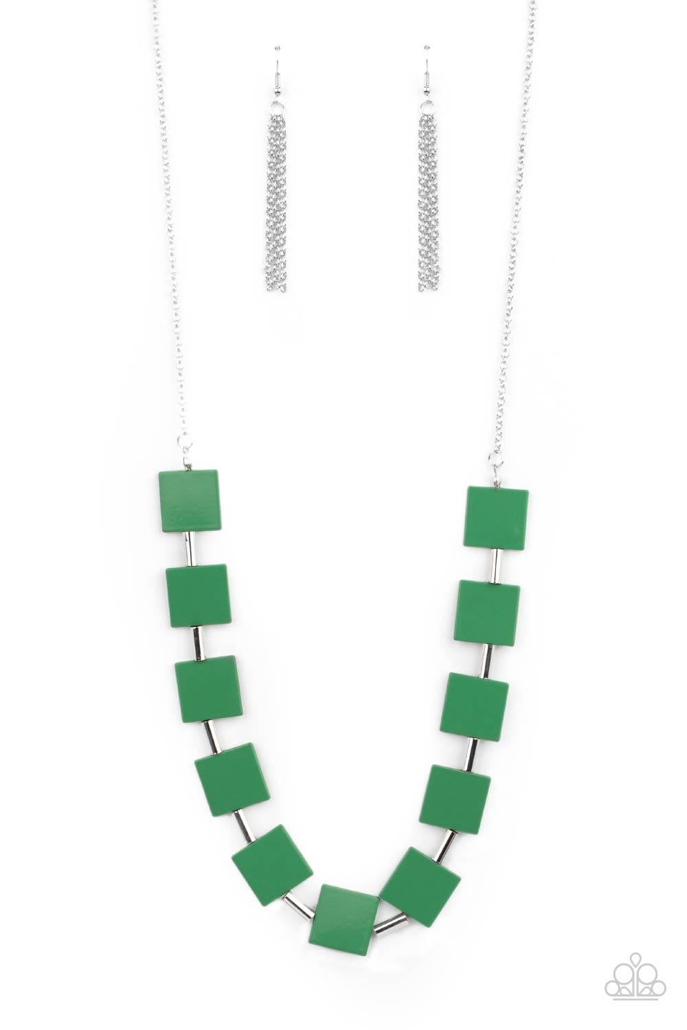 Paparazzi Accessories Hello, Material Girl - Green Vibrant geometric squares painted in the spring Pantone® of Mint flare out along a long silver chain as it drapes along the chest. Sleek silver cylinders separate the square plates, adding cool metallic a