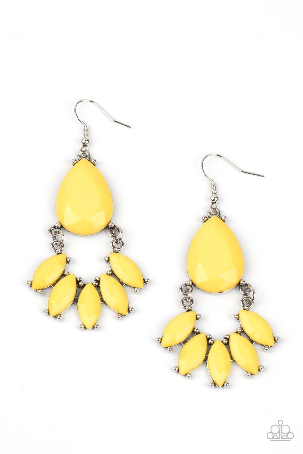 Paparazzi Accessories POWERHOUSE Call - Yellow A curved row of marquise cut Illuminating beads attaches to the bottom of a dramatically oversized teardrop Illuminating bead, coalescing into a glamorous lure. Earring attaches to a standard fishhook fitting