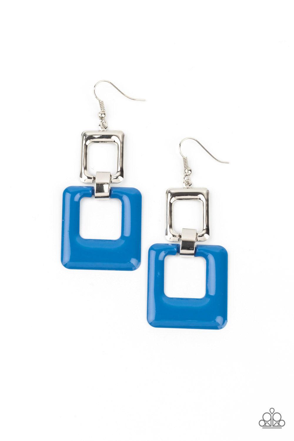 Paparazzi Accessories Twice As Nice - Blue A cutout square painted in the bold Pantone® of French Blue sways from a shiny silver cutout square for a playful finish. Earring attaches to a standard fishhook fitting. Sold as one pair of earrings. Jewelry