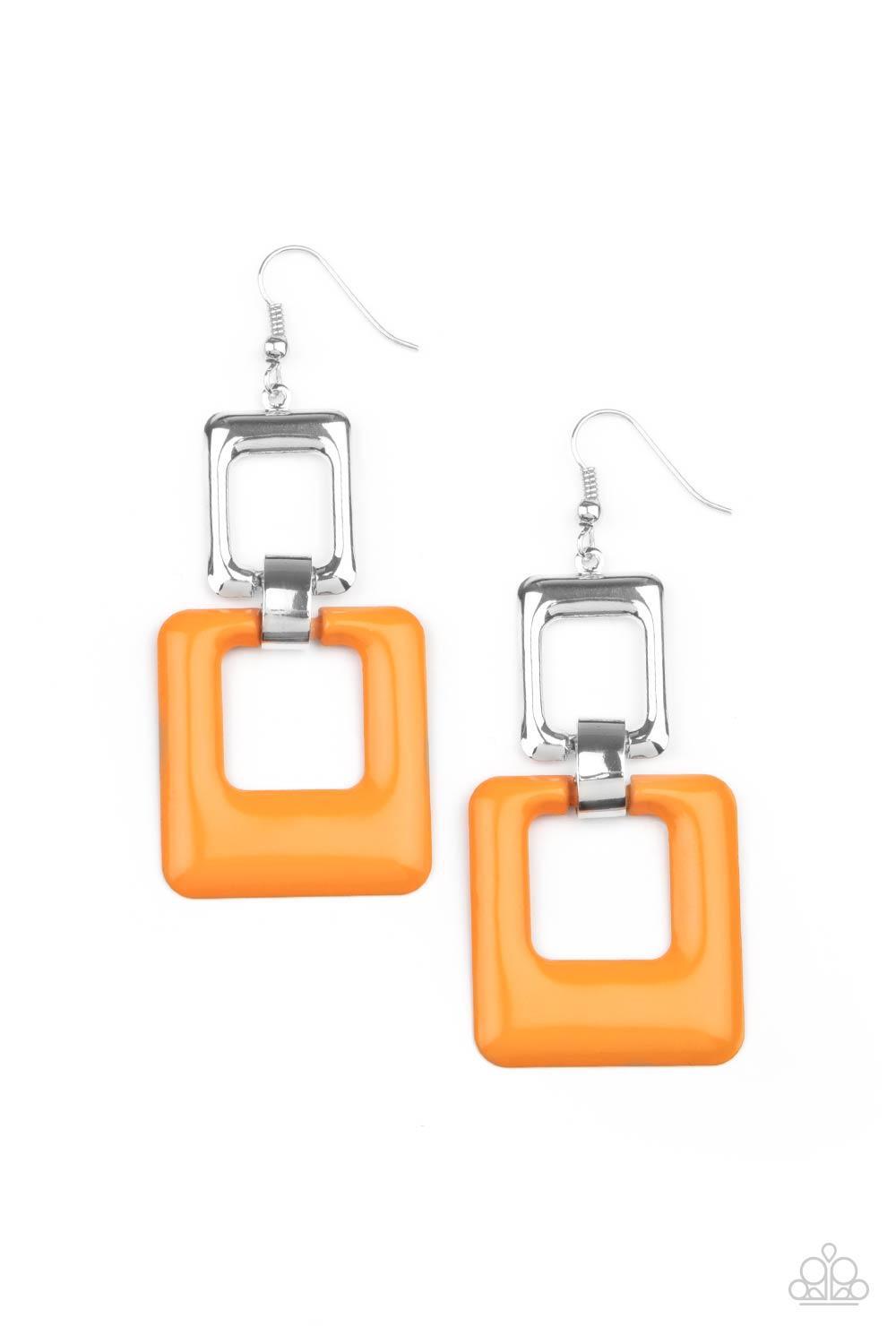 Paparazzi Accessories Twice As Nice - Orange A cutout square painted in the bold Pantone® of Marigold sways from a shiny silver cutout square for a playful finish. Earring attaches to a standard fishhook fitting. Sold as one pair of earrings. Jewelry