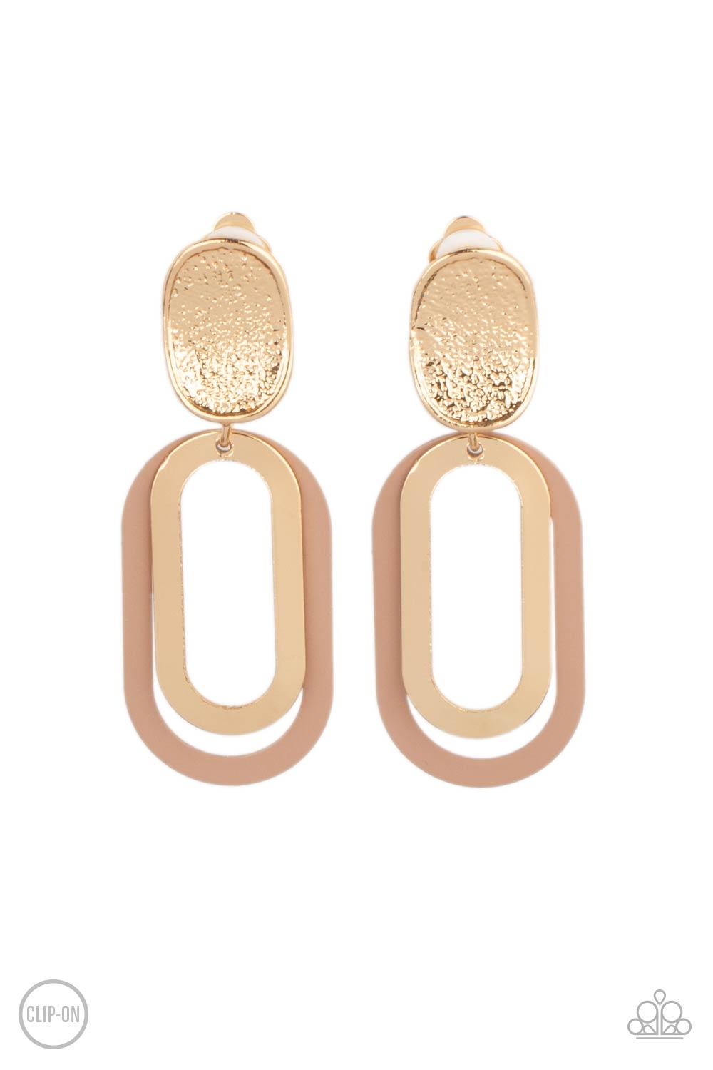 Paparazzi Accessories Melrose Mystery - Brown *Clip-On Shiny gold and Iced Coffee oblong hoops dangle one in front of the other from a shimmery textured gold oval disc for an upscale finale. Earring attaches to a standard clip-on fitting. Sold as one pair