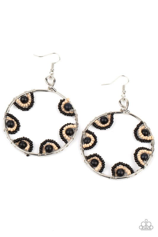 Paparazzi Accessories Off The Rim - Black Black and Iced Coffee seed beads are threaded on wire and looped over black stones on the inside of a spacious silver hoop. The pattern makes its way around the inside of the circle for an around-the-world air. Ea