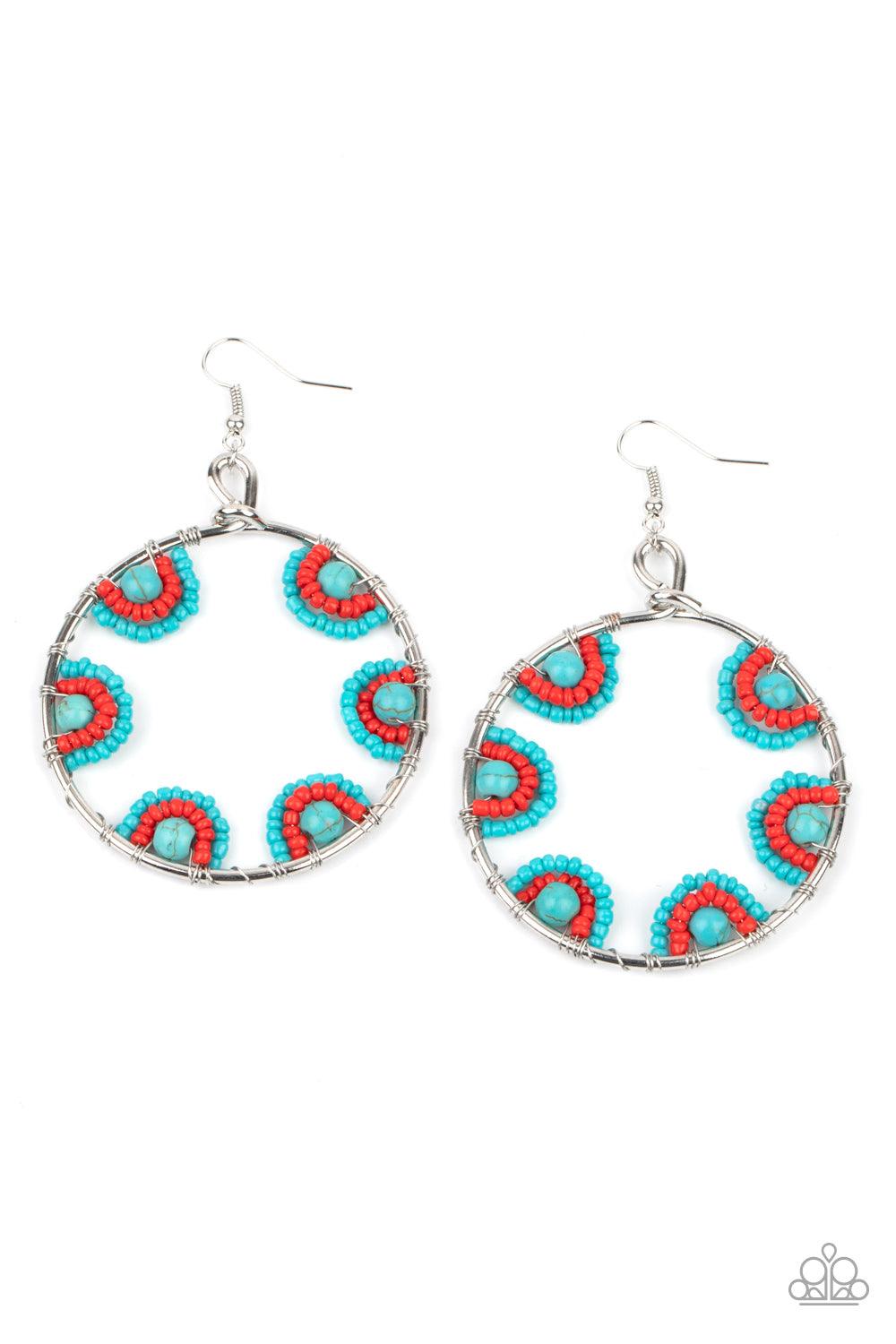Paparazzi Accessories Off The Rim - Blue Red and turquoise seed beads are threaded on wires and looped over turquoise stones on the inside of a spacious silver hoop. The pattern makes its way around the inside of the circle for an around-the-world air. Ea