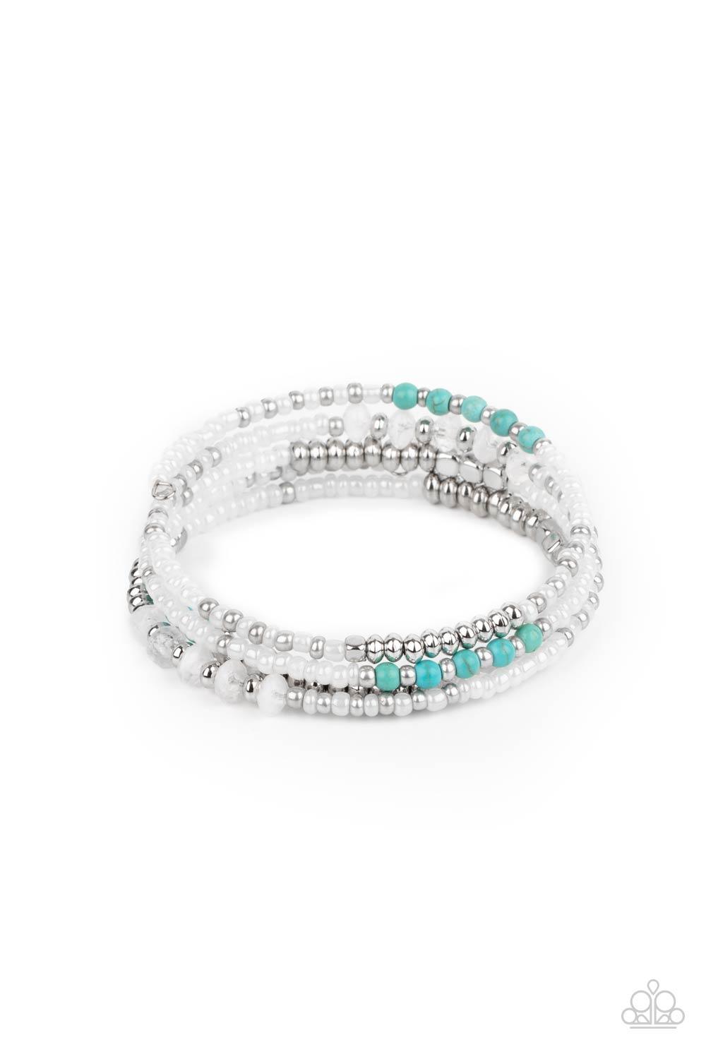 Paparazzi Accessories Infinitely Dreamy - White Sections of iridescent white seed beads alternate with silver, turquoise, and cloudy acrylic beads in infinite rows. The dreamy colors are threaded along a continuous strand of wire for an infinity wrap-styl