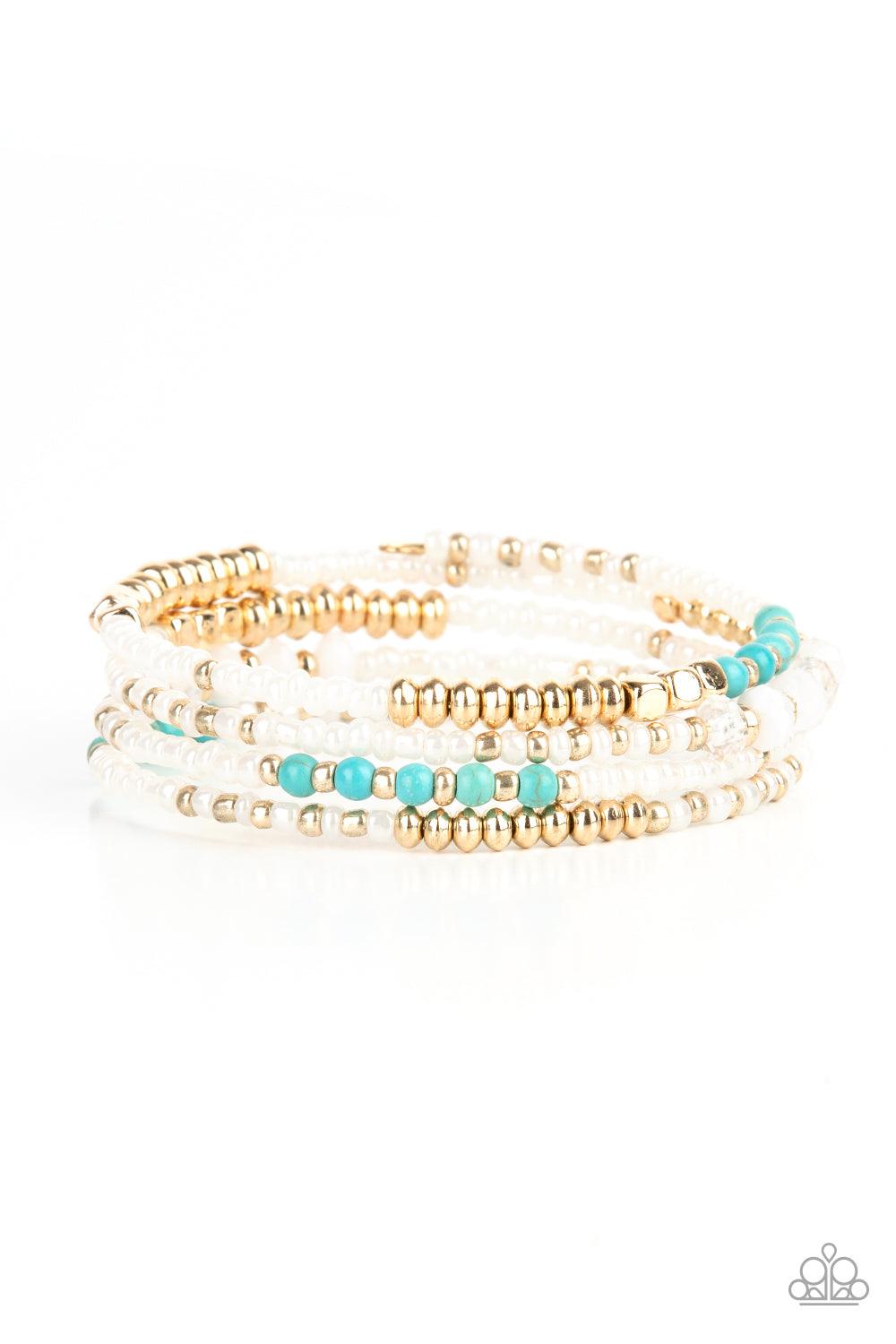 Paparazzi Accessories Infinitely Dreamy - Gold Sections of pearly white seed beads alternate with gold, turquoise, and crystal-like beads in infinite rows. The dreamy colors are threaded along a continuous strand of wire for an infinity wrap-style bracele