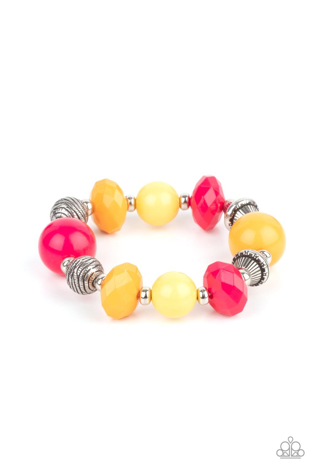 Paparazzi Accessories Day Trip Discovery - Multi A collection of brightly colored Raspberry Sorbet, Marigold, and Primrose beads in smooth round and faceted shapes, are threaded along a stretchy band. Accents of silver beads etched in linear designs adds