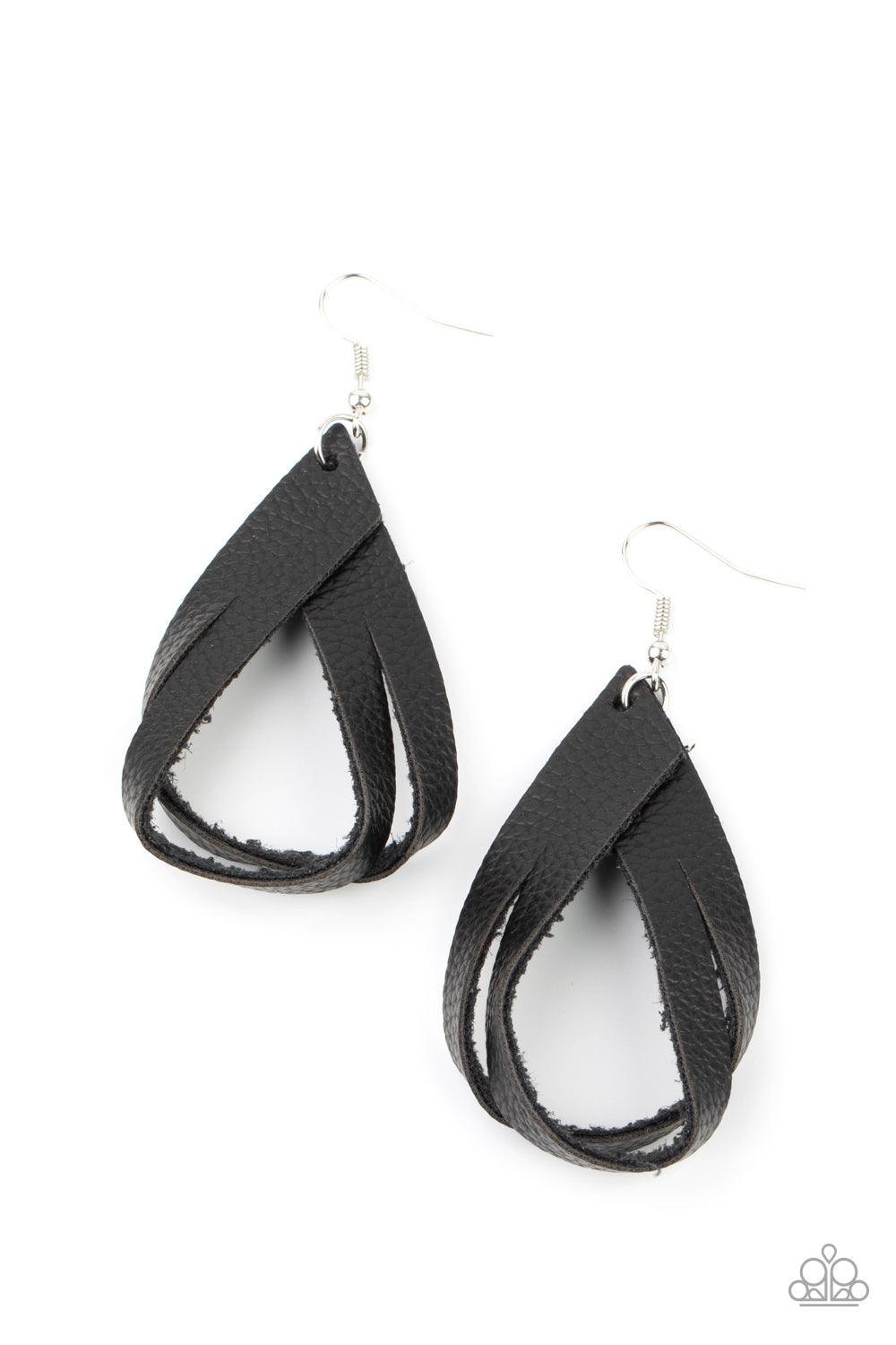 Paparazzi Accessories Thats A STRAP - Black A piece of rustic black leather is spliced into strands that delicately loop into an earthy frame. Earring attaches to a standard fishhook fitting. Sold as one pair of earrings. Jewelry