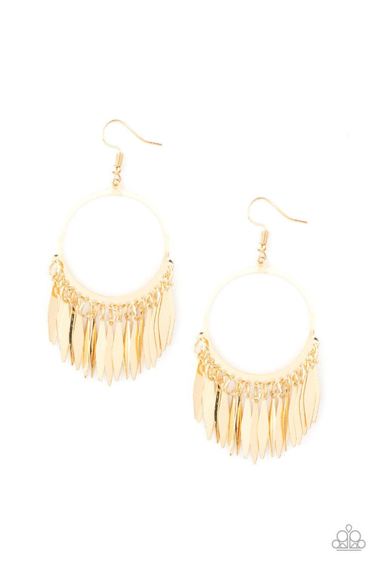 Paparazzi Accessories Radiant Chimes - Gold Flared flat bars stream out from the bottom of a glistening gold hoop, creating a radiant fringe. Earring attaches to a standard fishhook fitting. Sold as one pair of earrings. Jewelry