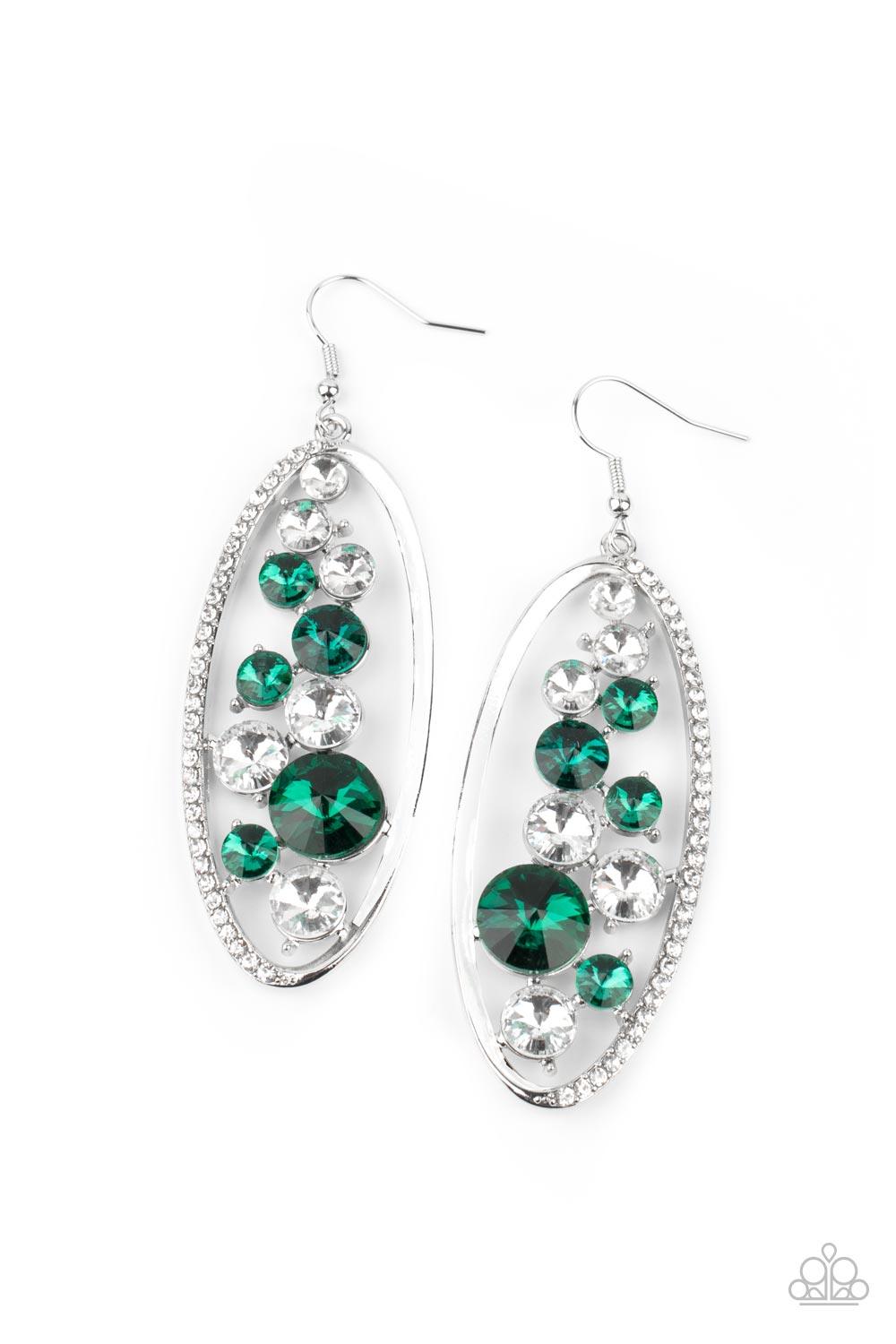 Paparazzi Accessories Rock Candy Bubbly - Green An oversized collection of glassy white and glittery green rhinestones sparkle inside a silver oval frame. One side of the frame is encrusted in dainty white rhinestones, adding a refined flair to the bubbly