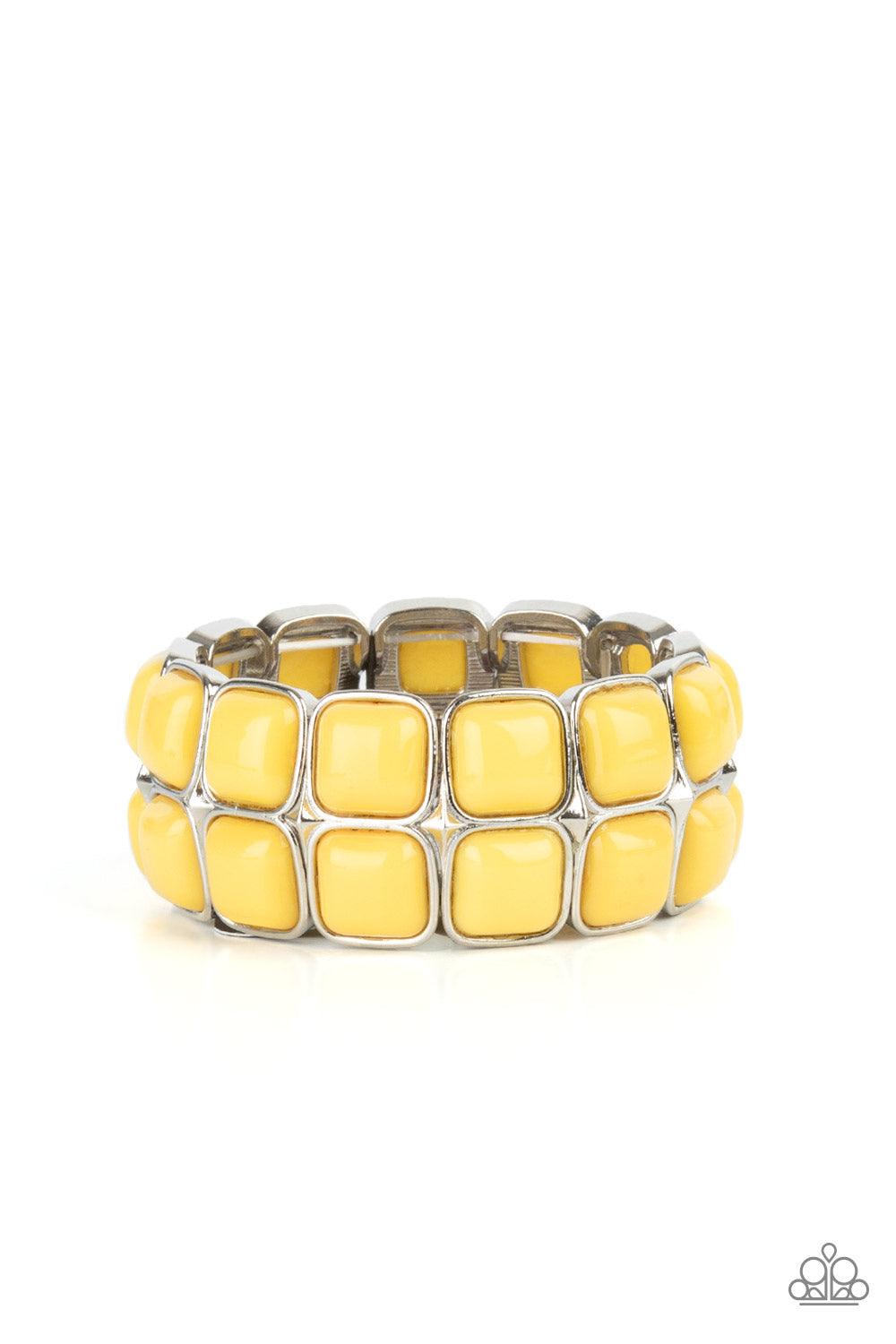 Paparazzi Accessories Double The DIVA-ttitude - Yellow Stacks of cubed Illuminating beaded silver frames are threaded along a stretchy band around the wrist, creating a bubbly pop of color. Sold as one individual bracelet. Jewelry