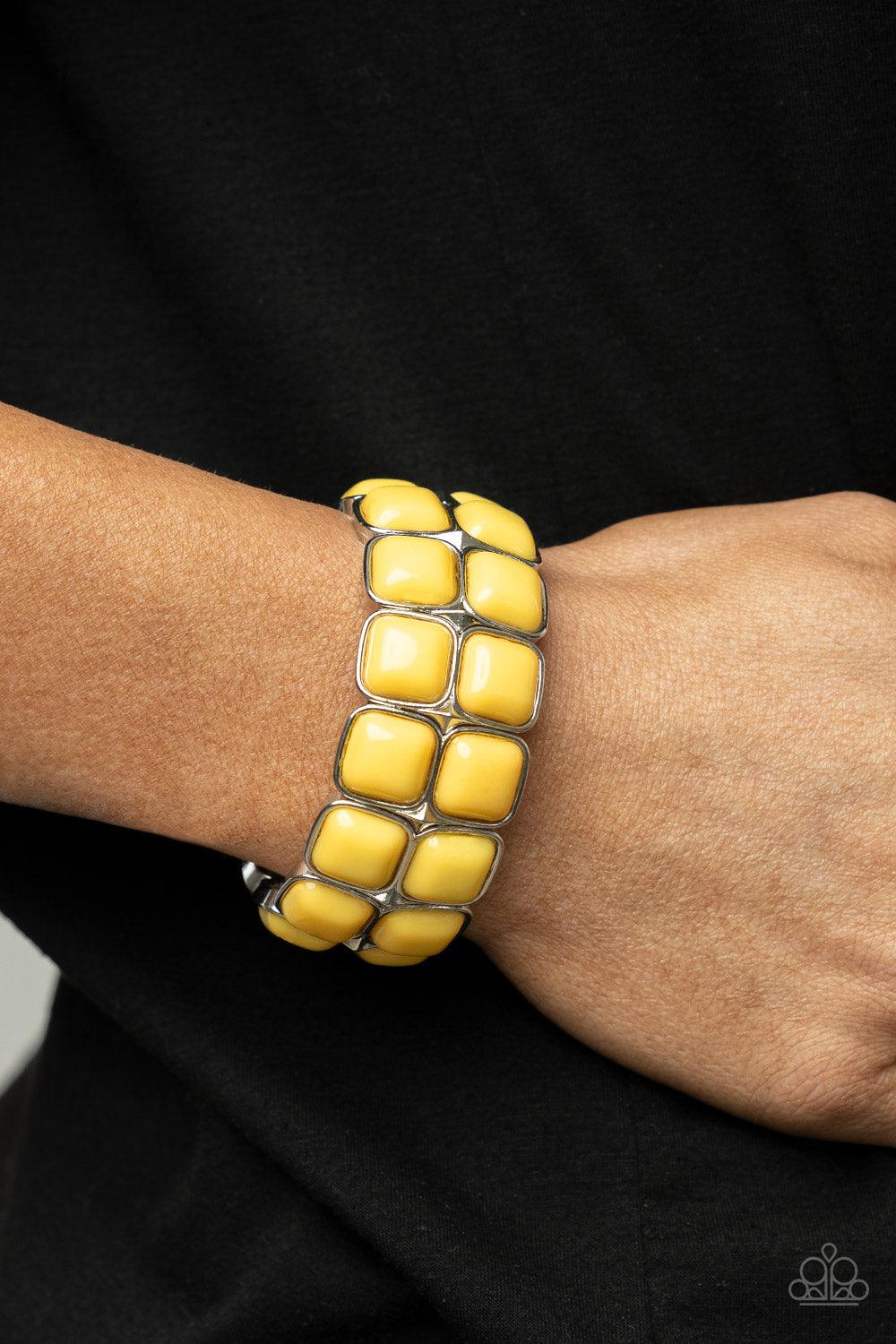 Paparazzi Accessories Double The DIVA-ttitude - Yellow Stacks of cubed Illuminating beaded silver frames are threaded along a stretchy band around the wrist, creating a bubbly pop of color. Sold as one individual bracelet. Jewelry