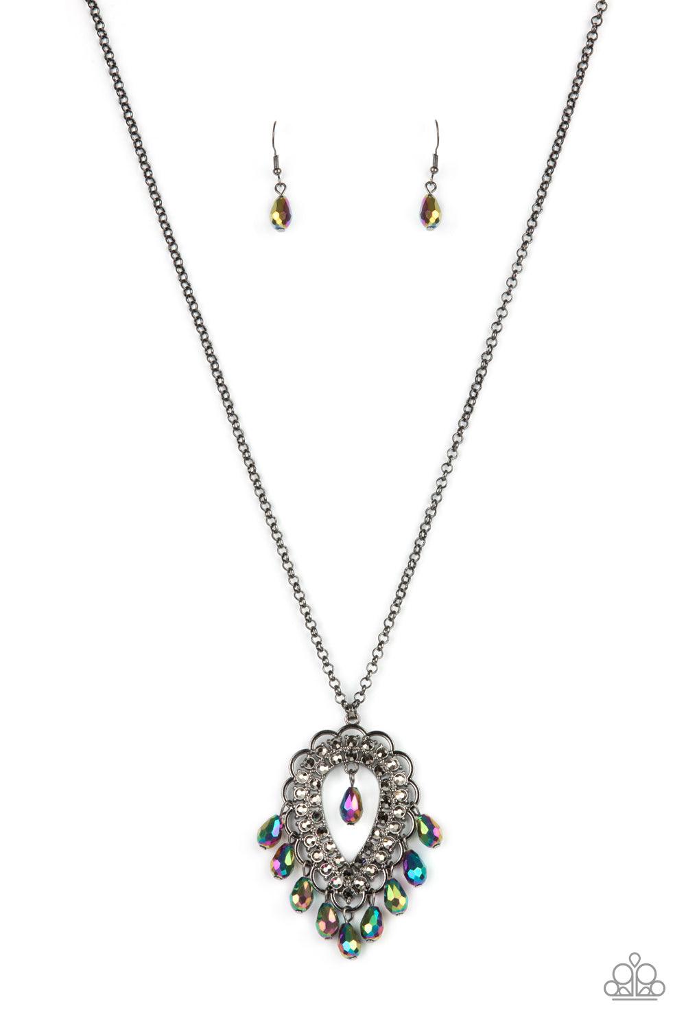 Paparazzi Accessories Teasable Teardrops - Multi An oversized scalloped teardrop frame, tipped on its point, encases rows of sparkling hematite rhinestones in its glimmery gunmetal fittings. Iridescent oil spill faceted teardrop beads dangle daintily from