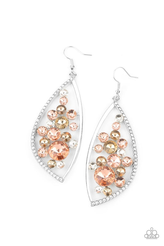 Paparazzi Accessories Sweetly Effervescent - Multi A bubbly collection of peach, white, and golden rhinestones coalesce inside an asymmetrical silver frame. One side of the frame is encrusted in glassy white rhinestones, adding a refined flair to the bubb