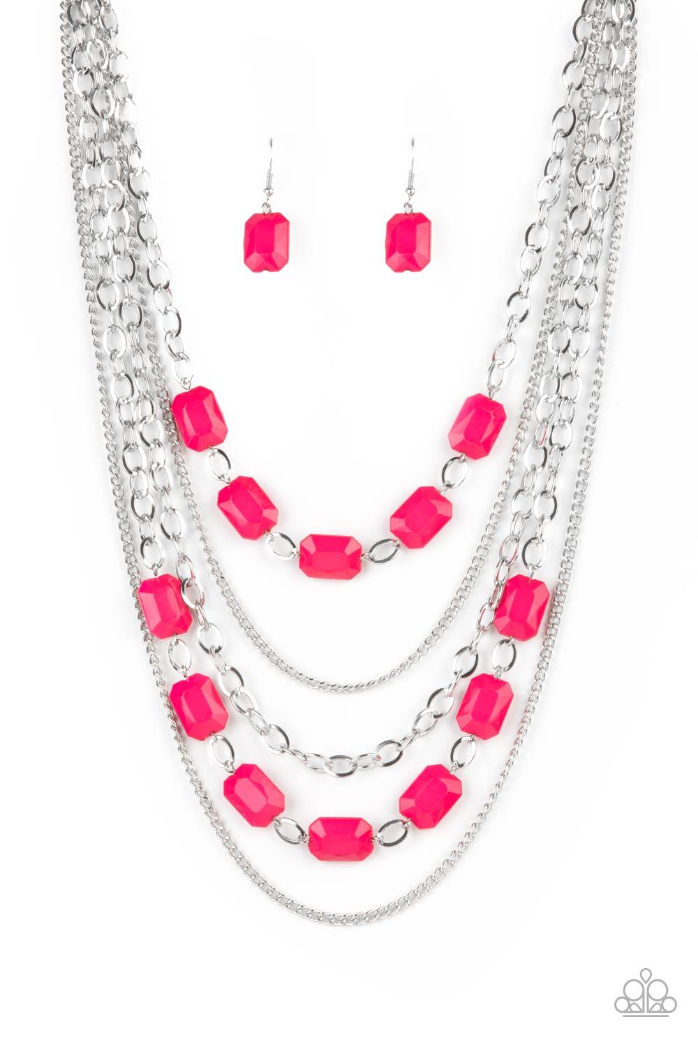 Paparazzi Accessories Standout Strands - Pink A stunning collection of silver chains and shiny rectangular Raspberry Sorbet beads falls in layers across the chest for a glamorous standout statement. Features an adjustable clasp closure. Sold as one indivi
