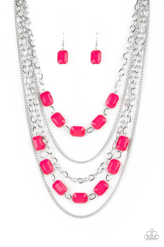 Paparazzi Accessories Standout Strands - Pink A stunning collection of silver chains and shiny rectangular Raspberry Sorbet beads falls in layers across the chest for a glamorous standout statement. Features an adjustable clasp closure. Sold as one indivi