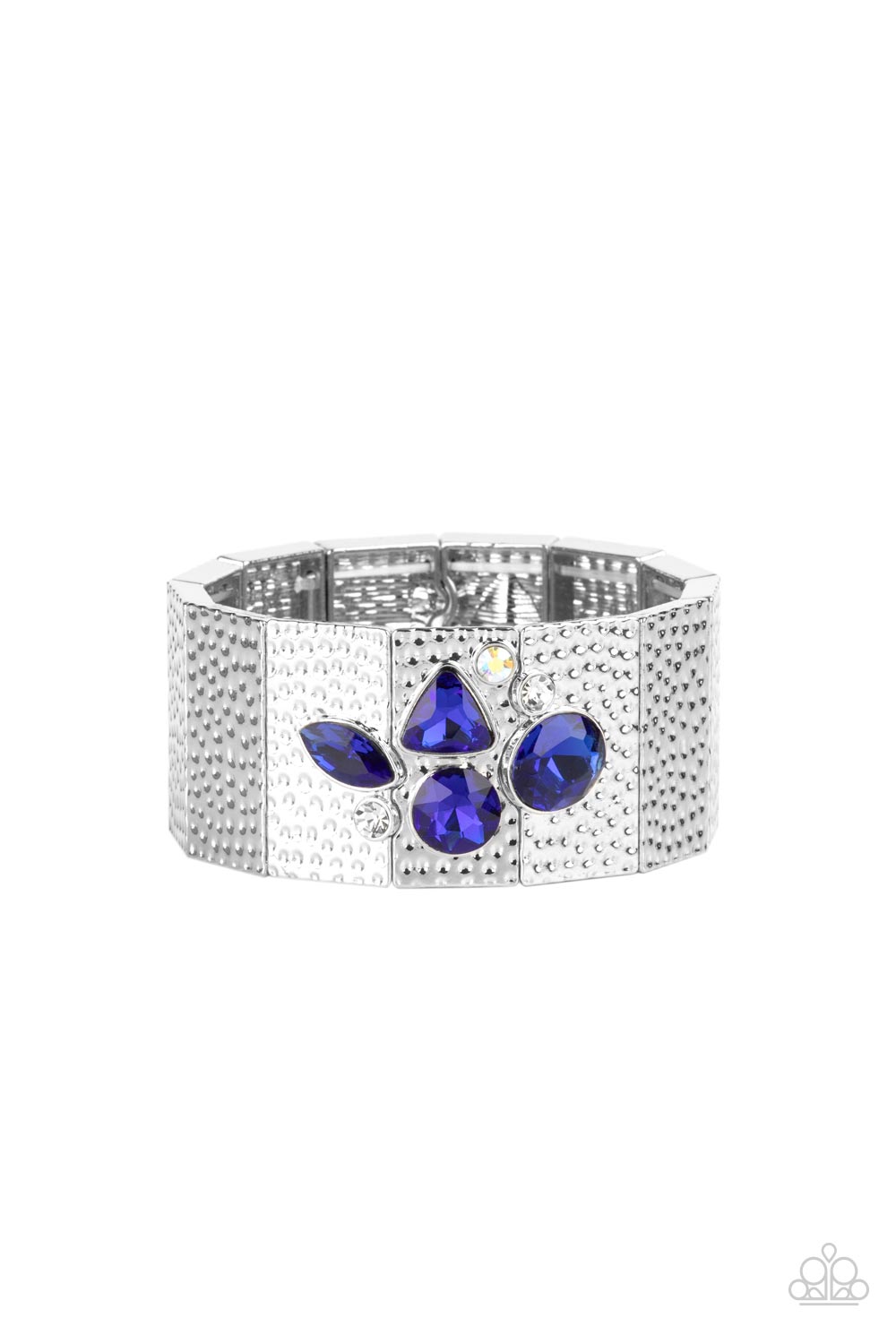 Paparazzi Accessories Flickering Fortune - Blue Hammered in gritty shimmer, rustic, rectangular, silver frames are threaded along stretchy bands that wrap around the wrist. Mismatched white, iridescent, and blue rhinestones cluster on the front and back o