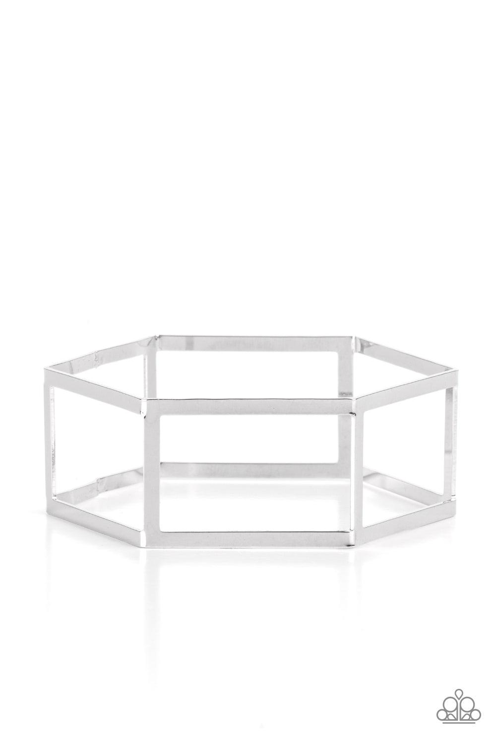 Paparazzi Accessories Gen HEX - Silver A row of airy silver rectangular frames delicately bend into a hexagonal cuff, creating an edgy centerpiece. Sold as one individual bracelet. Jewelry