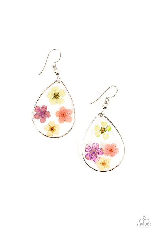 Paparazzi Accessories Perennial Prairie - Multi Dainty green, pink, purple, and yellow flowers are encased in a glassy teardrop, creating a whimsical frame. Earring attaches to a standard fishhook fitting. Sold as one pair of earrings. Jewelry