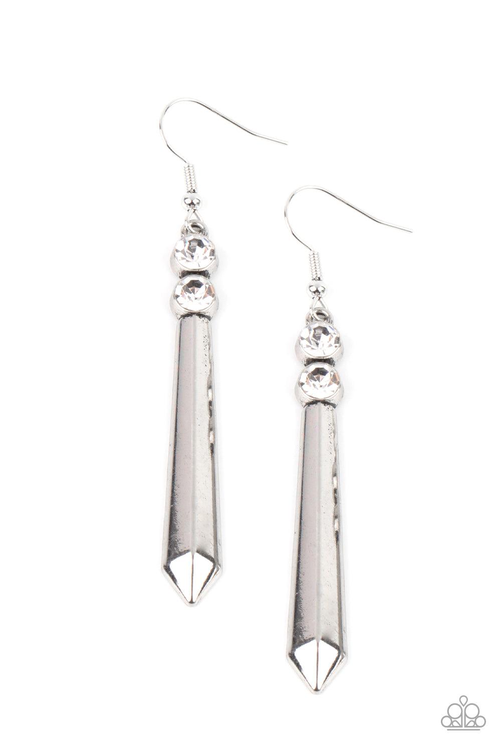 Paparazzi Accessories Sparkle Stream - White A pair of glittery white rhinestones crowns a flared silver rod, creating a sharp-looking lure. Earring attaches to a standard fishhook fitting. Sold as one pair of earrings. Jewelry