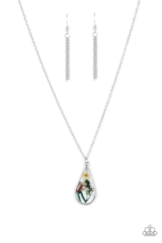 Paparazzi Accessories Pop Goes the Perennial - Multi A bouquet of delicate flowers encased in a silver teardrop frame swings from a lengthened chain for a sweet semblance of spring. Features an adjustable clasp closure. Sold as one individual necklace. In