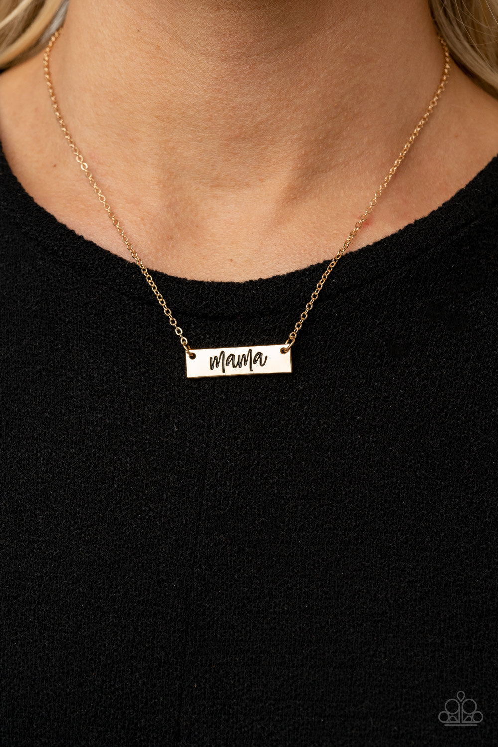 Paparazzi Accessories Blessed Mama - Gold Stamped in the word, "Mama," a rectangular gold plate is suspended below the collar by a dainty gold chain, creating a whimsy inspirational pendant. Features an adjustable clasp closure. Sold as one individual nec