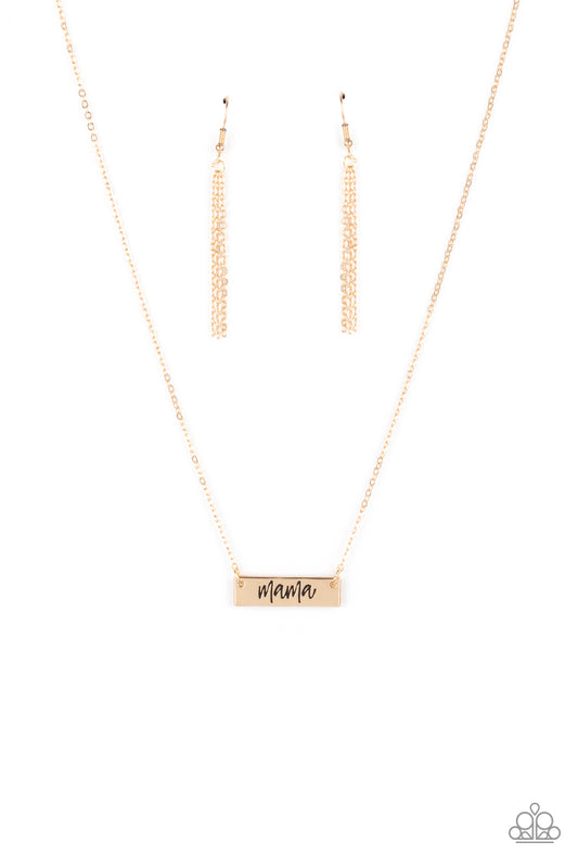 Paparazzi Accessories Blessed Mama - Gold Stamped in the word, "Mama," a rectangular gold plate is suspended below the collar by a dainty gold chain, creating a whimsy inspirational pendant. Features an adjustable clasp closure. Sold as one individual nec