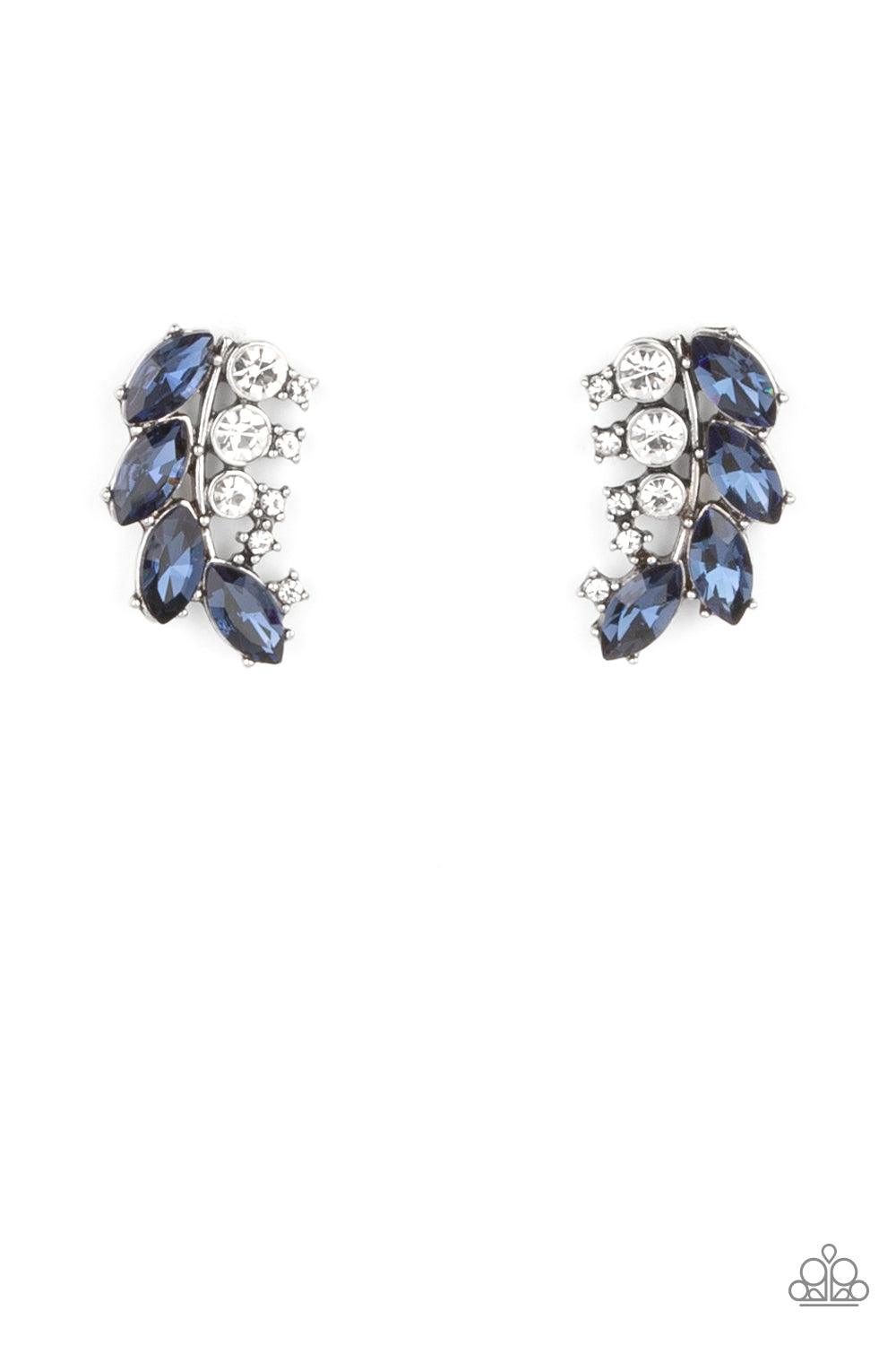 Paparazzi Accessories Flawless Fronds - Blue A frond of dazzling blue marquise and round white rhinestones delicately curves below the ear for a flawless finish. Earring attaches to a standard post fitting. Sold as one pair of post earrings. Jewelry