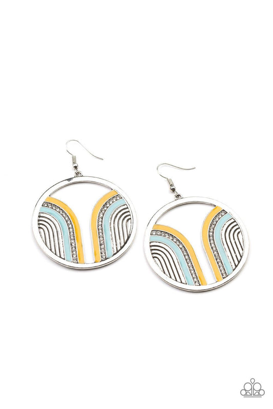 Paparazzi Accessories Delightfully Deco - Multi Infused with a glittery row of white rhinestones, shiny Cerulean and Illuminating arcs curve into juxtaposed frames inside a classic silver hoop, creating a colorful art deco inspired centerpiece. Earring at