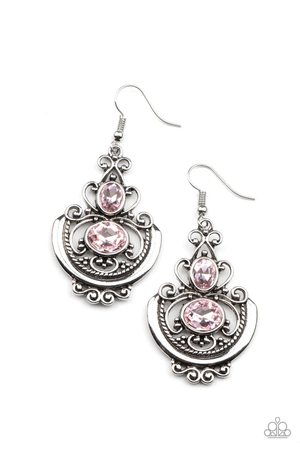 Paparazzi Accessories Unlimited Vacation - Pink Oval pink rhinestones embellish an ornate silver frame swirling with studded and textured silver filigree, coalescing into an elegant lure. Earring attaches to a standard fishhook fitting. Sold as one pair o