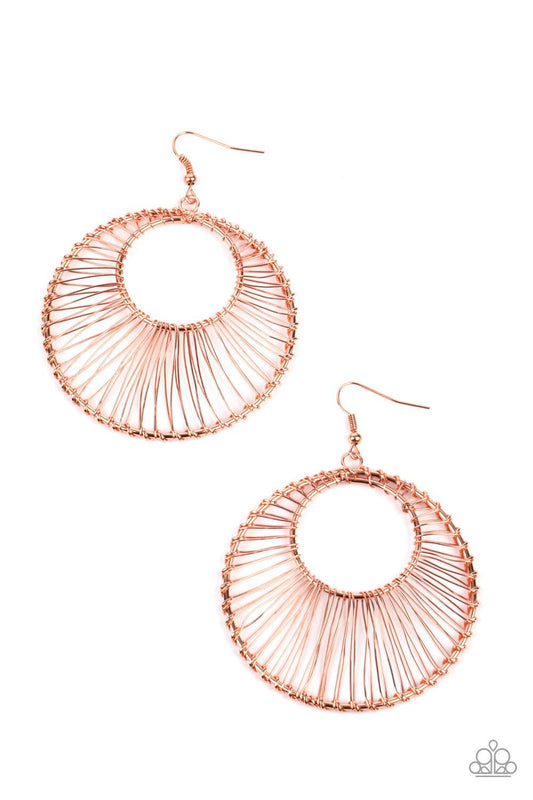 Paparazzi Accessories Artisan Applique - Copper Shiny copper wire wraps around two shiny copper hoops, creating an airy crescent shaped frame for an artisan inspired fashion. Earring attaches to a standard fishhook fitting. Sold as one pair of earrings. J