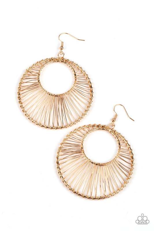 Paparazzi Accessories Artisan Applique - Gold Glistening gold wire wraps around two gold hoops, creating an airy crescent shaped frame for an artisan inspired fashion. Earring attaches to a standard fishhook fitting. Sold as one pair of earrings. Jewelry