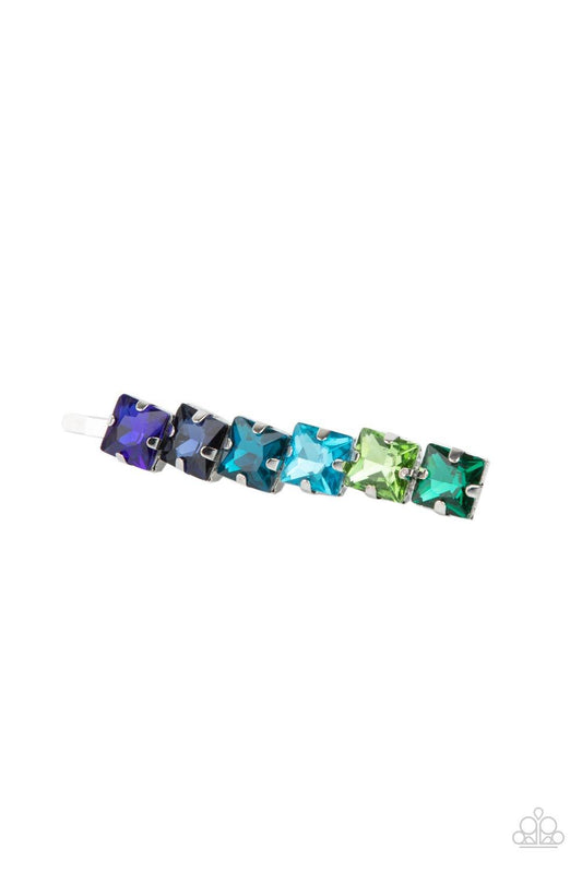 Paparazzi Accessories Prismatically Pinned - Multi A sparkly ombre of green to blue square cut rhinestones embellish the front of a classic silver bobby pin, creating a dazzling centerpiece. Sold as one individual hair clip. Brooches & Lapel Pins