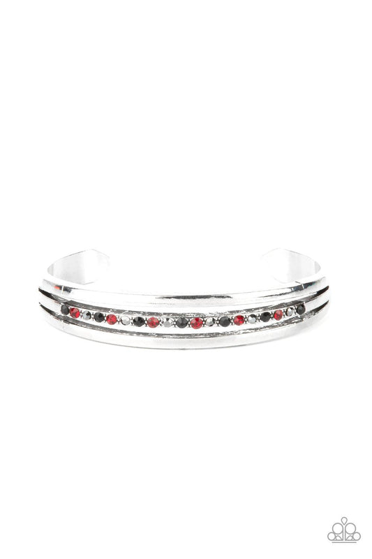 Paparazzi Accessories A Point Of Pride - Multi Two glistening silver bars flank a row of black, red, and hematite rhinestones, coalescing into a dainty layered cuff around the wrist for a dash of refined edge. Sold as one individual bracelet. Jewelry