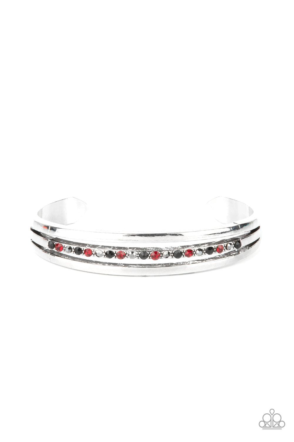 Paparazzi Accessories A Point Of Pride - Multi Two glistening silver bars flank a row of black, red, and hematite rhinestones, coalescing into a dainty layered cuff around the wrist for a dash of refined edge. Sold as one individual bracelet. Jewelry