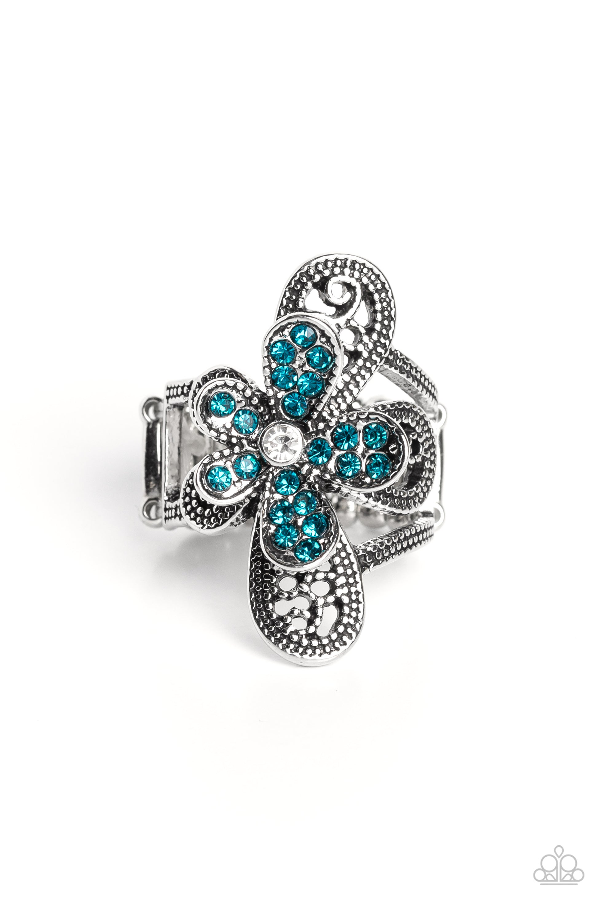 Paparazzi Accessories Garden Escapade - Blue Dotted with a dainty white rhinestone center, silver petals overlaid with glittery blue rhinestones, sit atop studded silver filigree petals, creating a frilly floral centerpiece atop the finger. Features a str