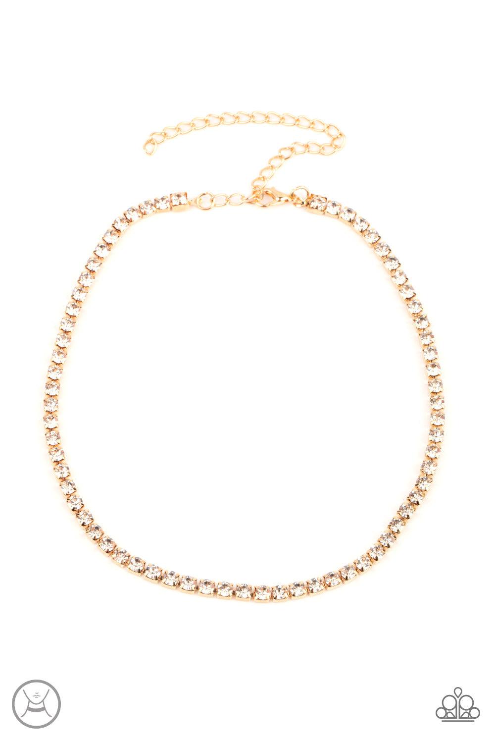 Paparazzi Accessories Starlight Radiance - Gold A strand of brilliant white rhinestones set in classic gold fittings creates a stunningly radiant display across the collar. Features an adjustable clasp closure. Sold as one individual choker necklace. Incl