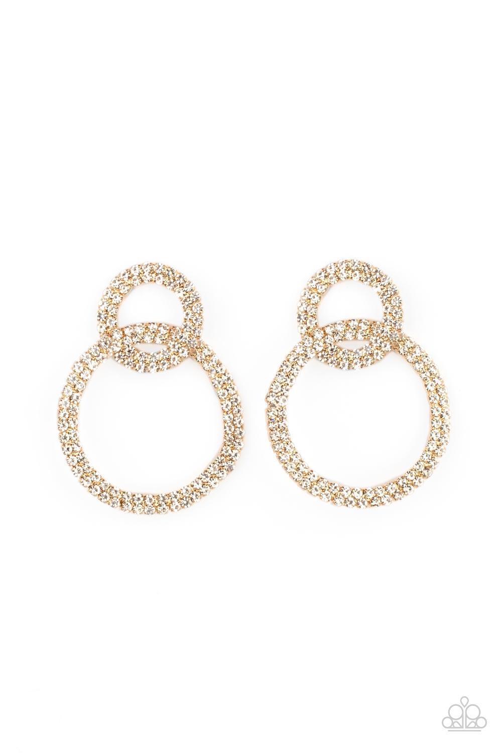 Paparazzi Accessories Intensely Icy - Gold Rows of sparkly white rhinestones encircle into two interconnected hoops, creating a jaw-dropping lure. Earring attaches to a standard post fitting. Sold as one pair of post earrings. Earrings
