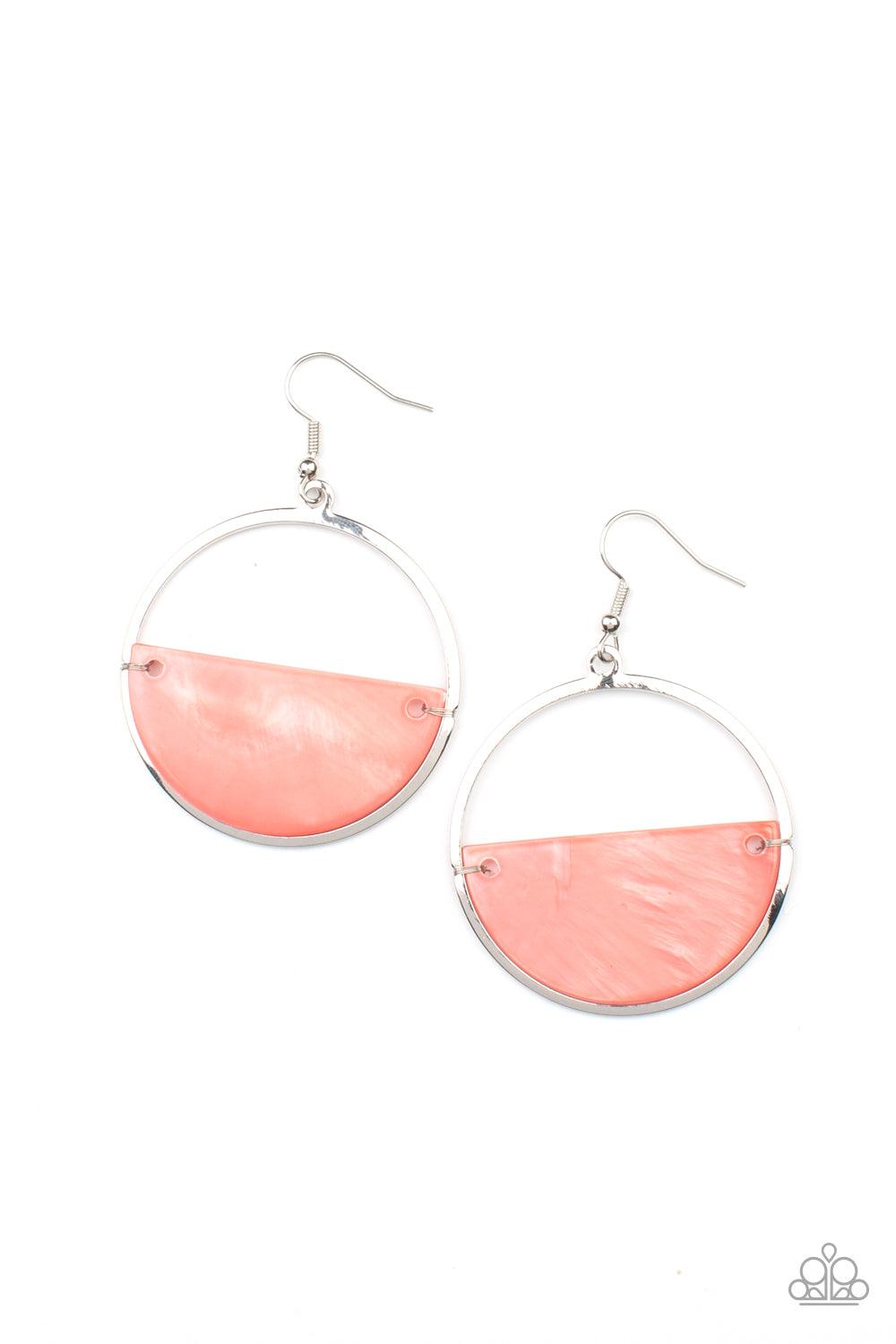 Paparazzi Accessories Seashore Vibes - Orange Brushed in an iridescent shimmer, a Burnt Coral half moon shell attaches to the bottom of a flat silver hoop for a summery splash of color. Earring attaches to a standard fishhook fitting. Sold as one pair of