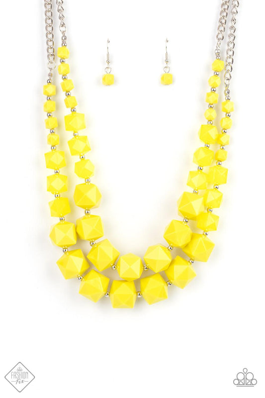 Paparazzi Accessories Summer Excursion - Yellow A faceted collection of opaque and solid Illuminating cube beads gradually increase in size as they alternate with dainty silver beads below the collar. Infused with sections of classic silver chains, the ed