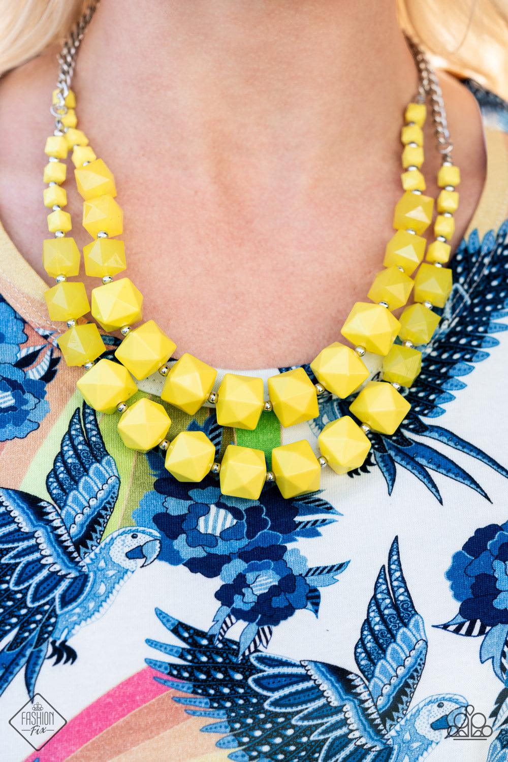 Paparazzi Accessories Summer Excursion - Yellow A faceted collection of opaque and solid Illuminating cube beads gradually increase in size as they alternate with dainty silver beads below the collar. Infused with sections of classic silver chains, the ed