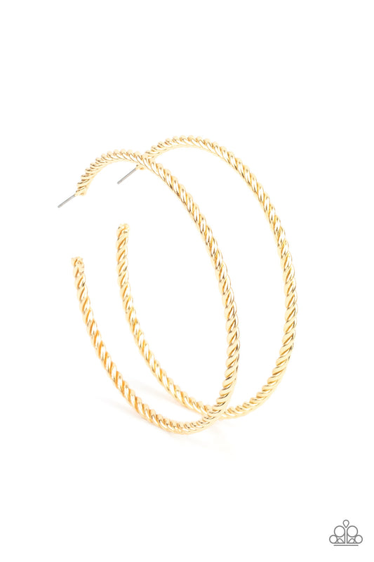Paparazzi Accessories Resist The Twist - Gold Shiny gold strands twist together to form an edgy statement-making hoop. Earring attaches to a standard post fitting. Hoop measures approximately 2 3/4" in diameter. Sold as one pair of hoop earrings. Jewelry