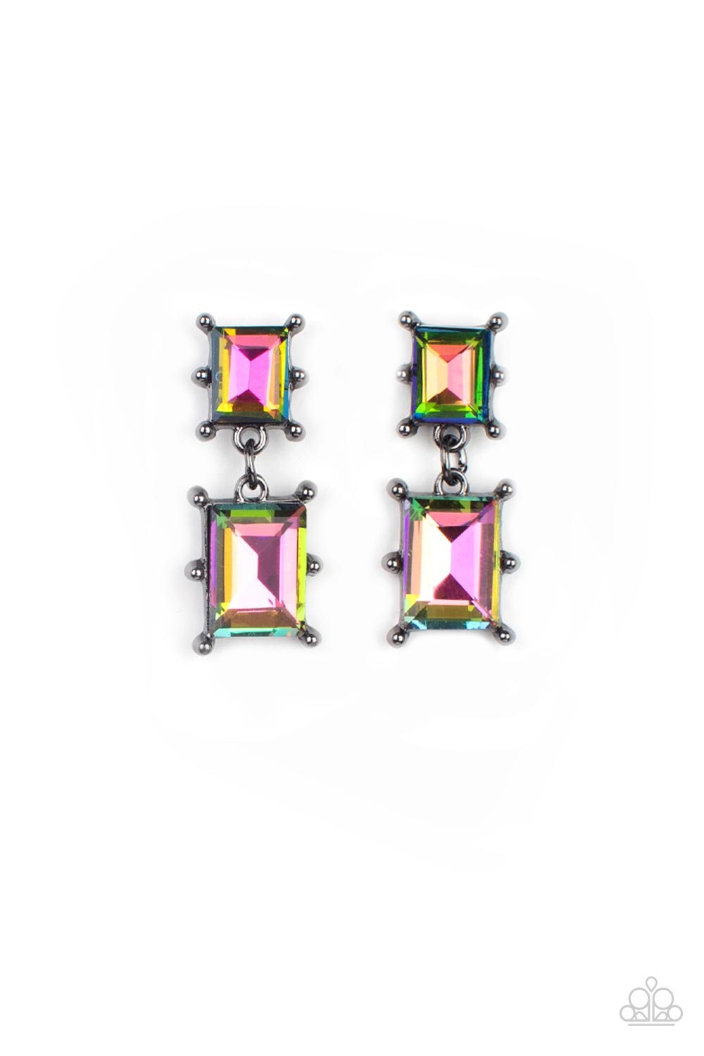 Paparazzi Accessories Cosmic Queen - Multi Two brilliant baguette cut oil spill rhinestones, set in classic gunmetal pronged settings, stack one over the other creating a cosmically radiant statement. Earring attaches to a standard post fitting. Sold as o