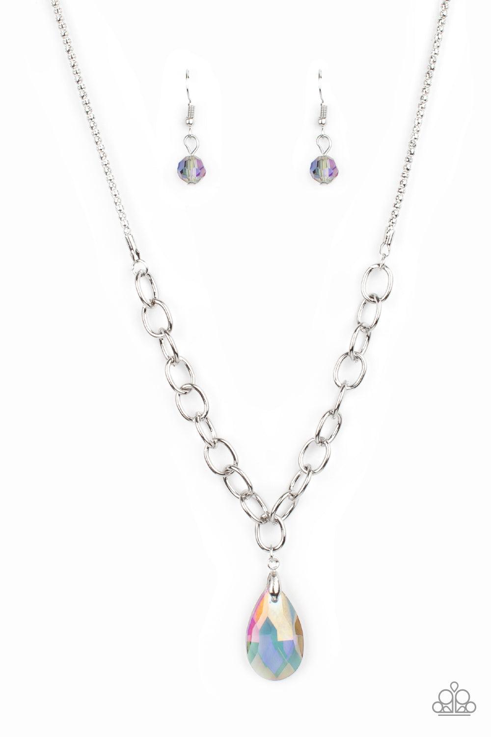 Paparazzi Accessories Mega Modern - Multi Flecked in oil spill iridescent, a smoky teardrop swings from the bottom of a chunky silver chain that attaches to a shimmery silver popcorn chain, creating a modern display below the collar. Features an adjustabl