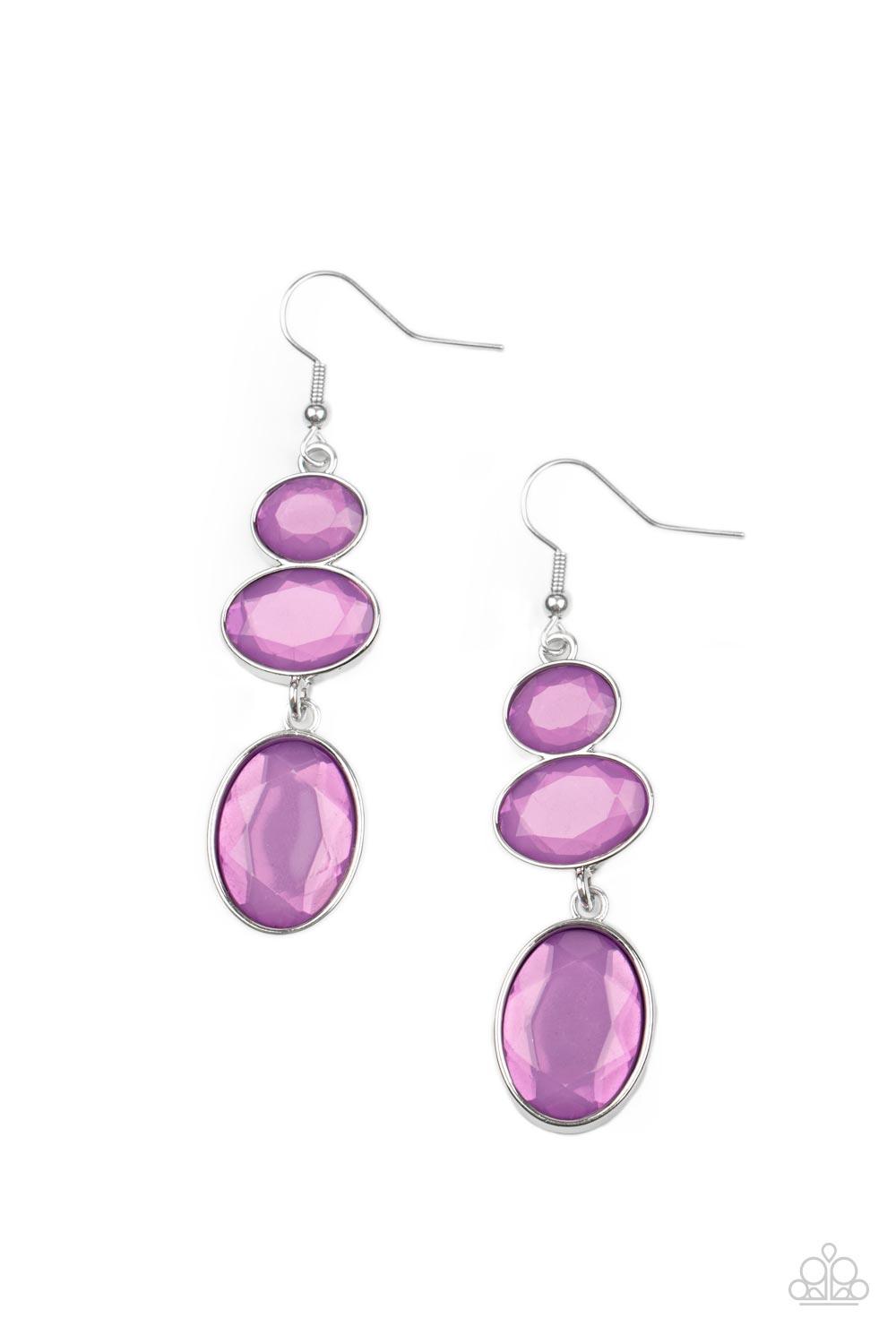 Paparazzi Accessories Tiers Of Tranquility - Purple Gradually increasing in size, dewy Amethyst Orchid oval gems trickle from the ear, linking into an ethereal lure. Earring attaches to a standard fishhook fitting. Sold as one pair of earrings. Jewelry