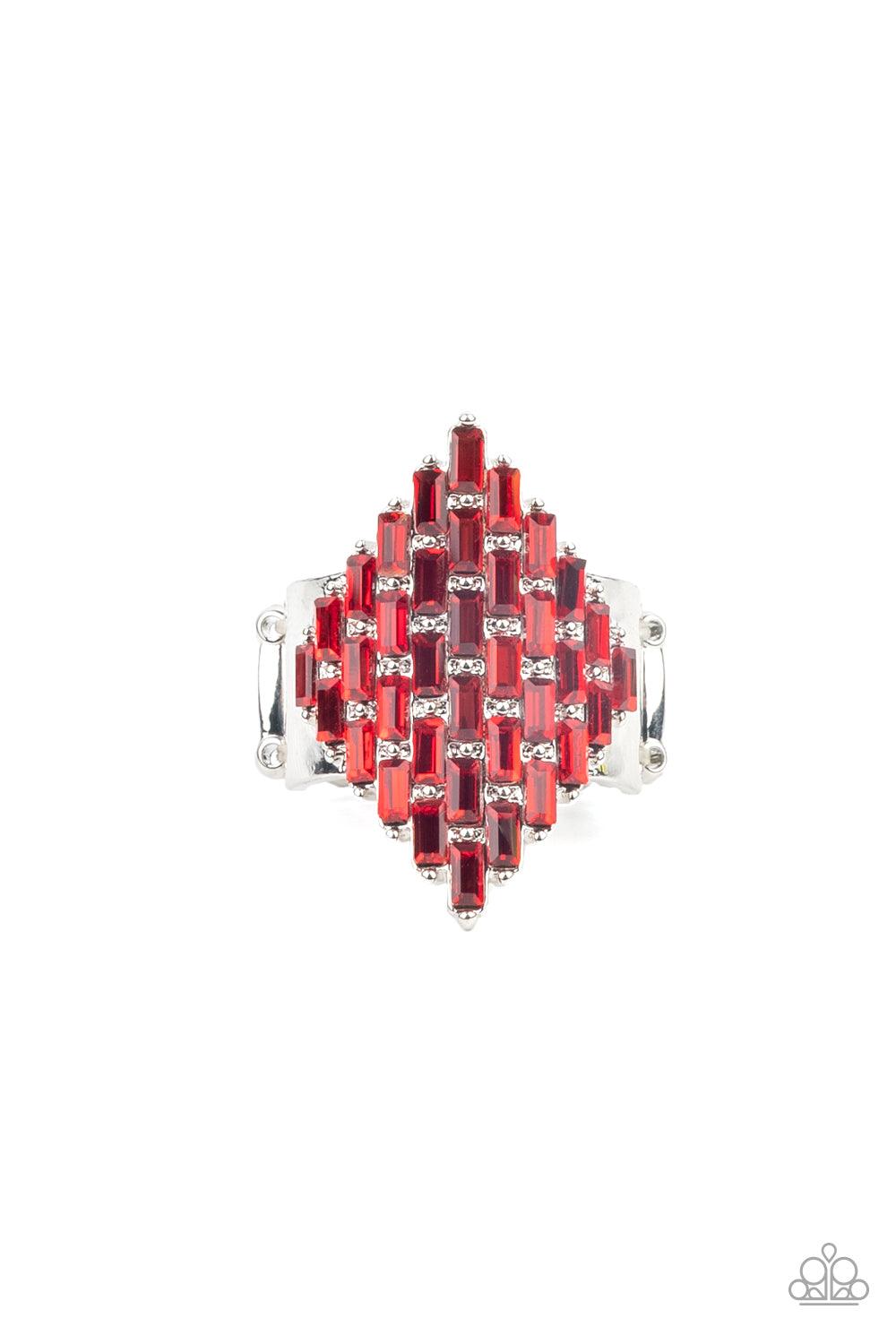 Paparazzi Accessories Hive Hustle - Red Fiery red emerald cut rhinestones are encrusted across the front of a studded silver frame, creating a sparkly honeycomb shaped centerpiece. Features a stretchy band for a flexible fit. Sold as one individual ring.