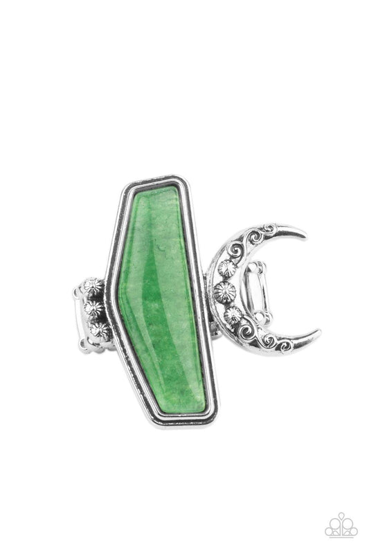 Paparazzi Accessories Cosmic Karma - Green Encased in a raised silver fitting, a geometric jade stone is flank by a decorative row of silver studs and an ornate half moon frame for a seasonal statement. The oversized frame is attentional, creating the ill