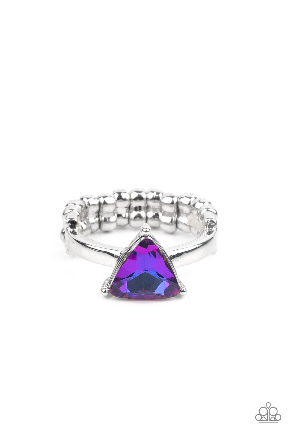 Paparazzi Accessories Tenacious Twinkle - Multi Featuring a UV shimmer, a triangular cut rhinestone is nestled inside of a pronged silver frame atop a classic silver band for a dash of dramatic dazzle. Features a stretchy band for a flexible fit. Sold as